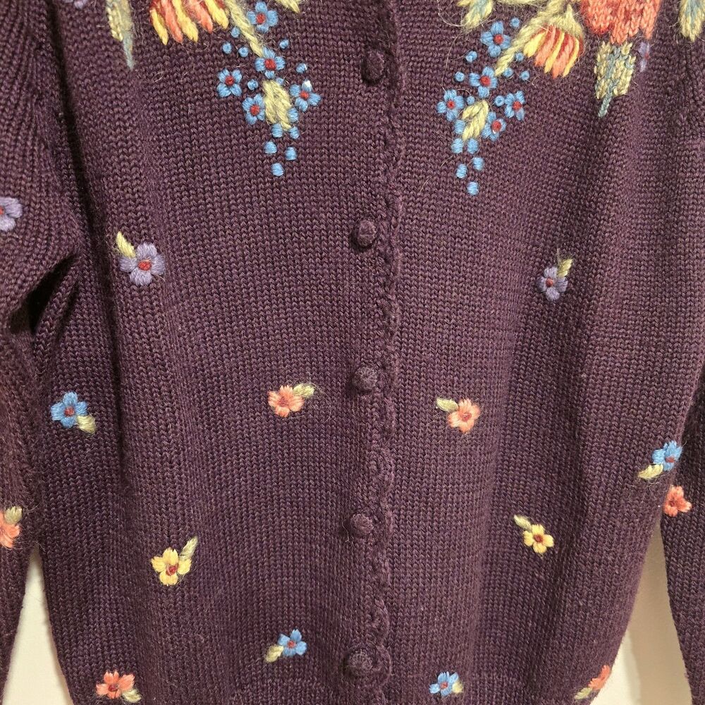 Herman Geist Cardigan Sweater Hand Embroidered 50% Wool Plum Floral Small Petite - Picture 3 of 12